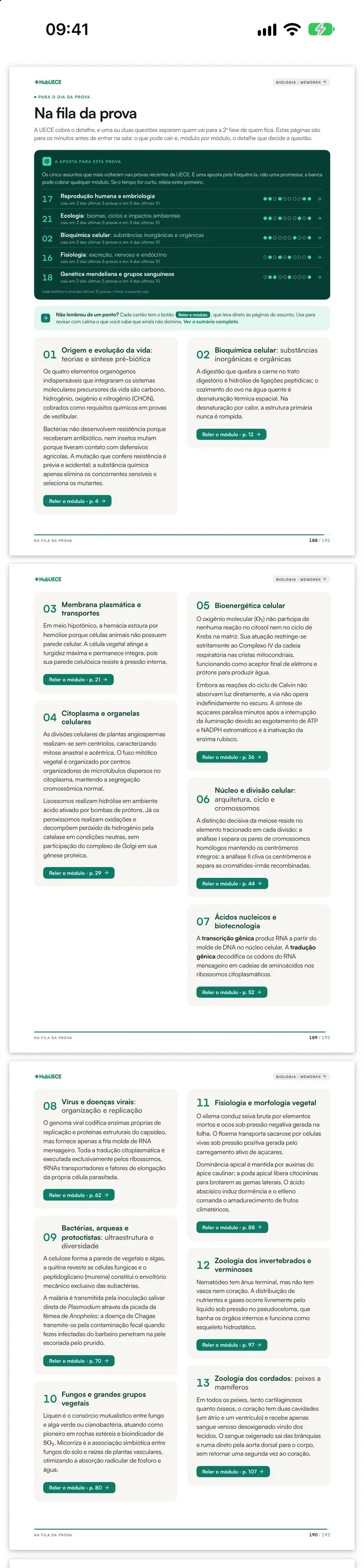 Seção Na fila da prova do Memorex de Biologia aberta no celular, com os cinco assuntos que mais voltaram nas provas recentes da UECE